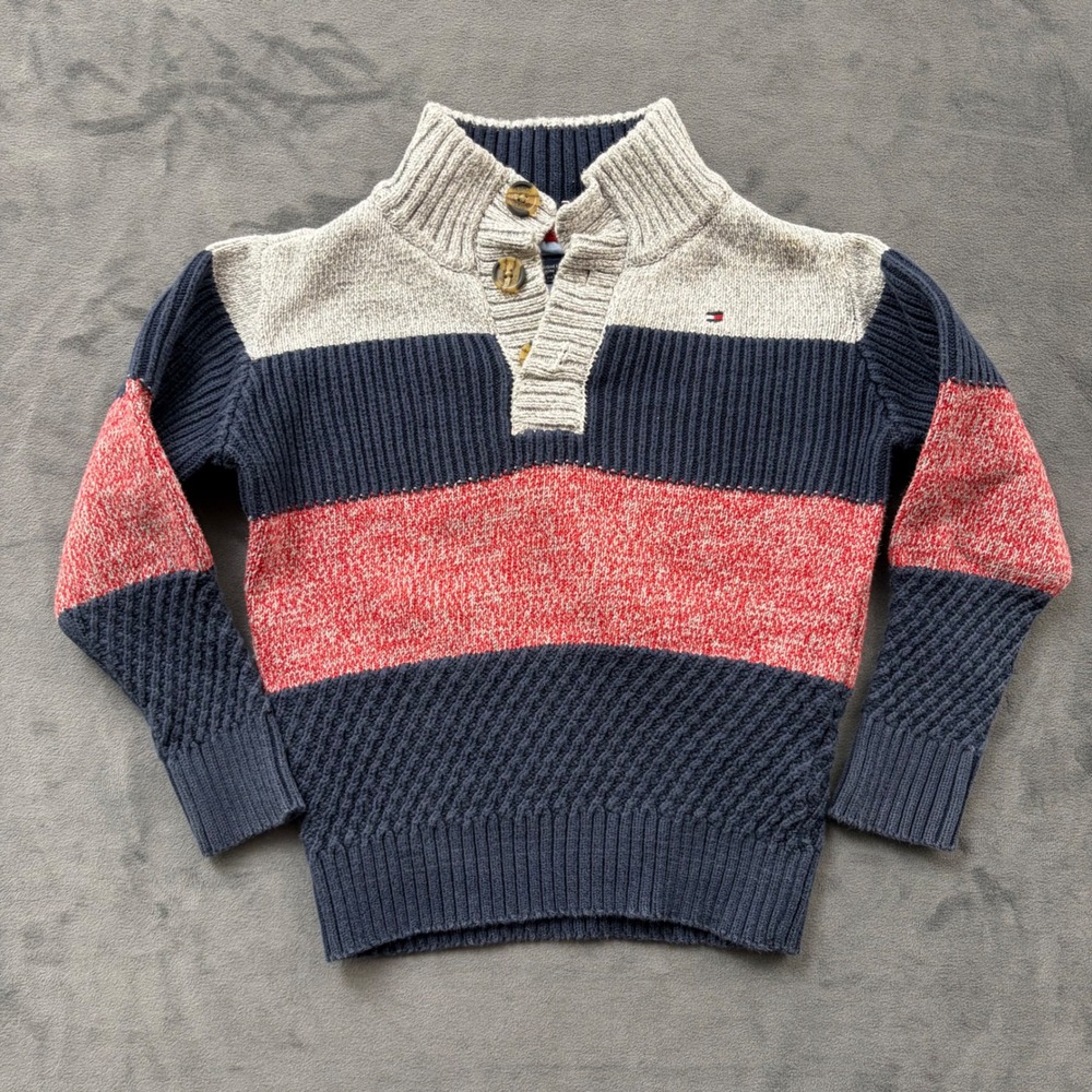 Tommy Hilfiger Boys Size 4 Colorblock Mock Neck Button Sweater Navy Red Grey